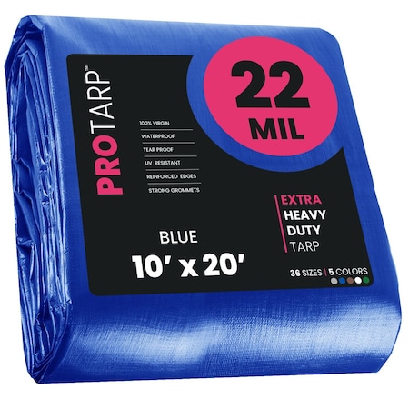 Protarp Heavy Duty Tarp, 10 ft x 20 ft, 22 Mil, Blue, Polyethylene, Waterproof, Rip and Tear Proof PT-205-10X20